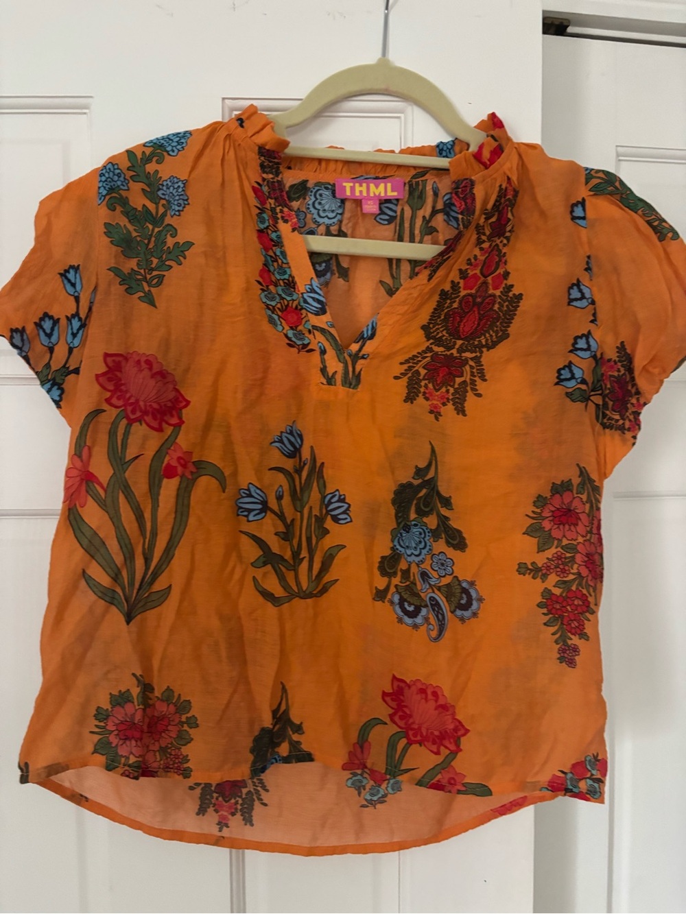 THML Orange Floral Short-Sleeve V-Neck Blouse